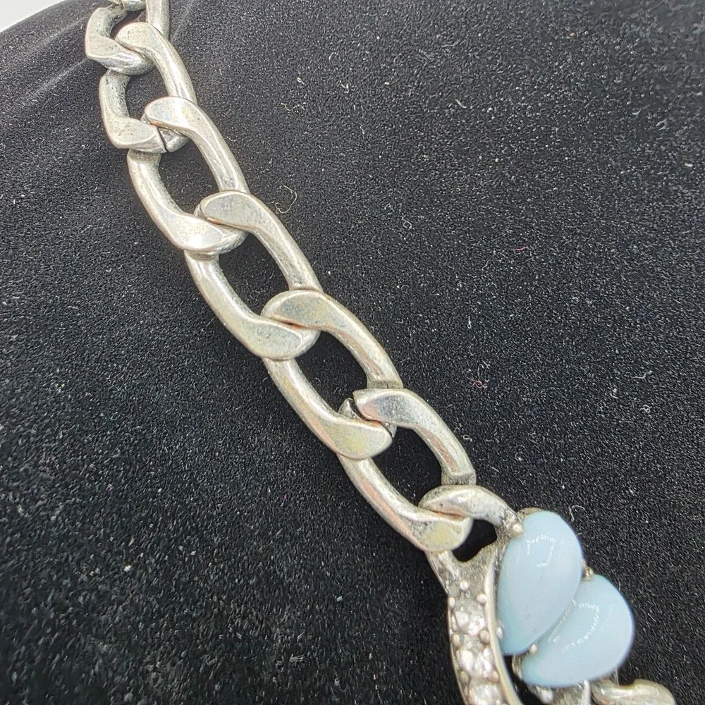 Antique Silver‎ Statement Necklace Link Chain Lobster Multicolor Rhinestone 25